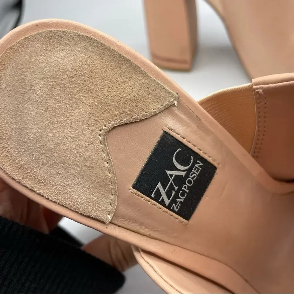 Zac Posen Nude Leather Slip One Mules Chunky Heel Women’s Shoes 9 Peep Toe Y2K